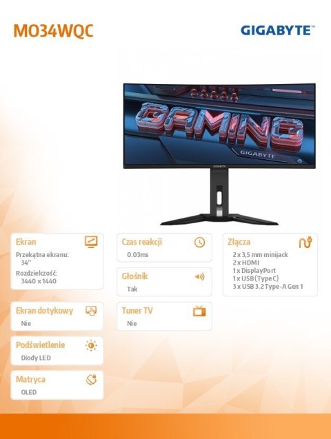 Gigabyte Monitor 34 cale MO34WQC QD-OLED WQHD wydajny gamingowy