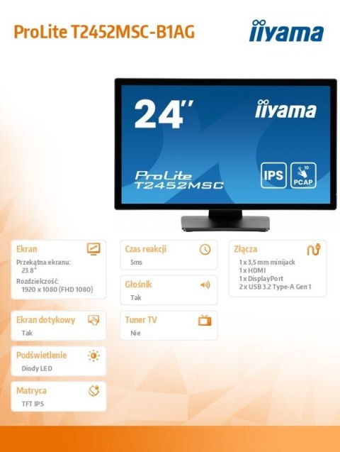 Monitor IIYAMA ProLite T2452MSC-B1AG 24 cale dotykowy IPS Full HD