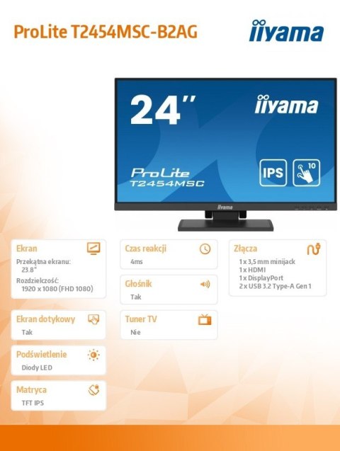 Monitor IIYAMA ProLite T2454MSC-B2AG 24 FHD dotykowy IPS z HDMI DP