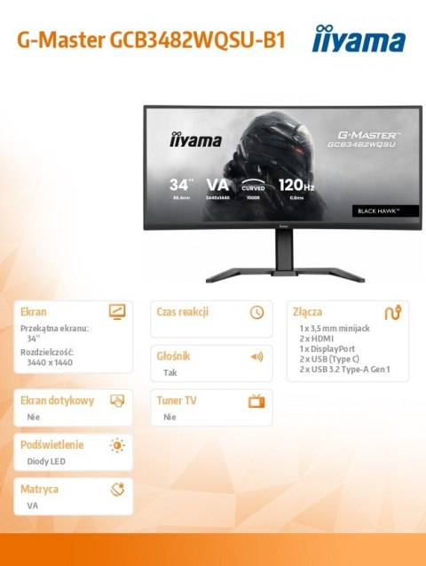 Monitor IIYAMA G-Master GCB3482WQSU-B1 34 cal 120Hz zakrzywiony VA UWQHD