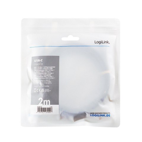 LogiLink Kabel USB 3.2 Gen1 TypeC do USB-C/F 2m szybkie ładowanie