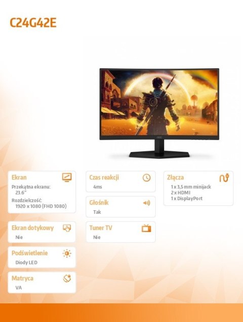 Monitor AOC C24G42E 24 FHD 180Hz zakrzywiony VA z HDMI i głośnikami