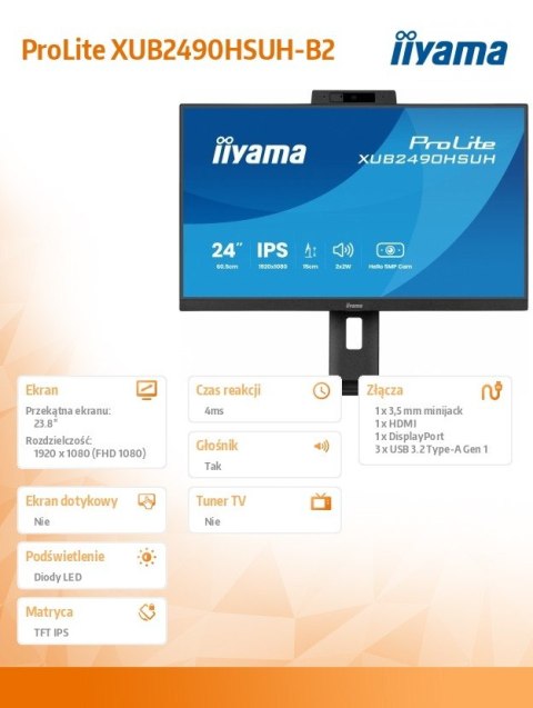 Monitor IIYAMA ProLite XUB2490HSUH-B2 24 FHD IPS z kamerą i mikrofonem