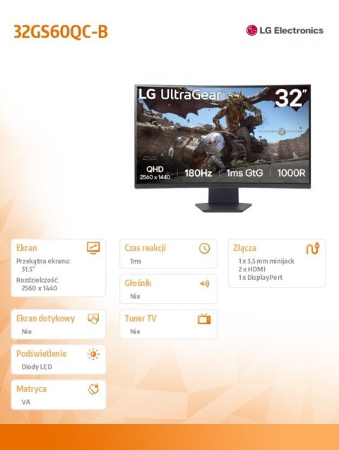 Monitor LG Electronics 32GS60QC-B 31.5 QHD 1000R Curved 180Hz gaming