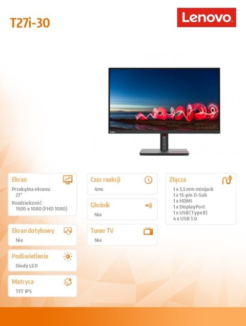 Monitor Lenovo ThinkVision T27i-30 27 cali FHD 1080 matowy LED