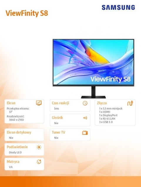 Monitor Samsung ViewFinity S8 37 UHD z portem USB-C i HDR10