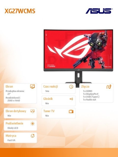 Monitor Asus ROG Strix XG27WCMS 27 cali FHD zakrzywiony 280Hz USB Type-C
