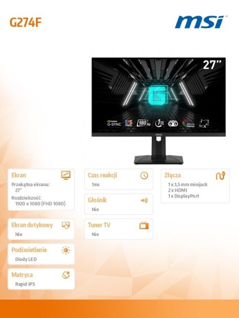 Monitor MSI G274F 27 cali LED FHD 180Hz czarny