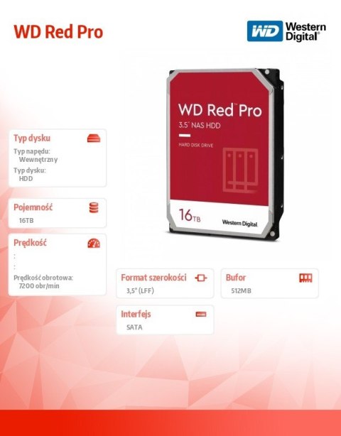 Dysk twardy WD Red Pro 16TB 3,5 SATAIII 7200rpm niezawodny do NAS