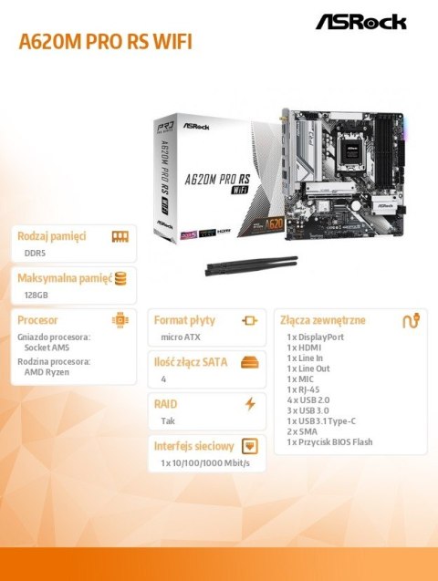 Płyta główna ASRock A620M PRO RS WIFI AM5 DDR5 mATX z HDMI i DP
