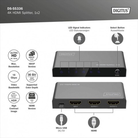 Digitus Splitter HDMI 1x2 4K 60Hz UHD z HDR i EDID