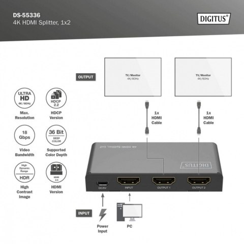 Digitus Splitter HDMI 1x2 4K 60Hz UHD z HDR i EDID