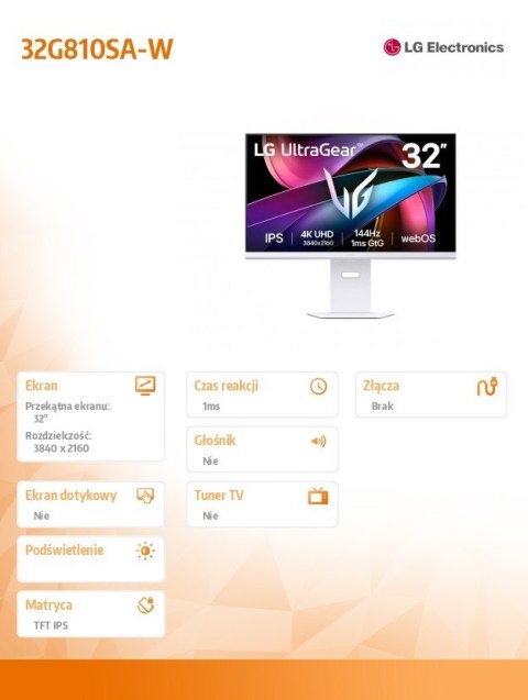Monitor LG Electronics 32G810SA-W 32" UHD 4K 144 Hz gamingowy z webOS