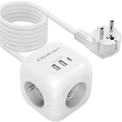 Kostka Zasilająca Qoltec 6w1 USB-C 20W biała z włącznikiem 2m