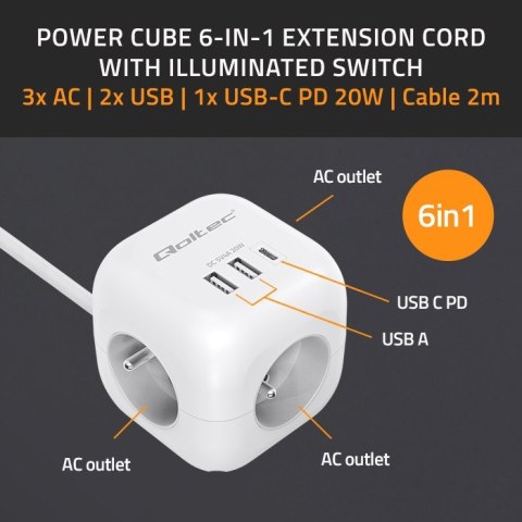 Kostka Zasilająca Qoltec 6w1 USB-C 20W biała z włącznikiem 2m