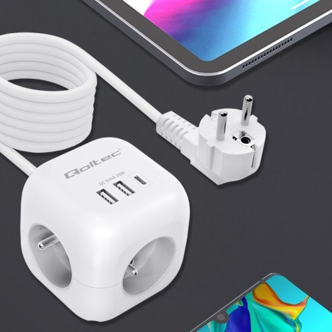 Kostka Zasilająca Qoltec 6w1 USB-C 20W biała z włącznikiem 2m