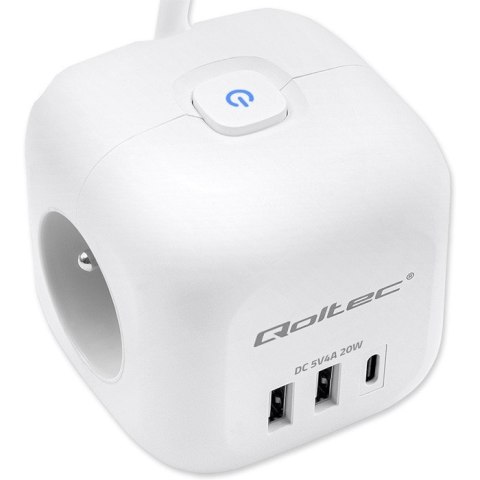 Kostka Zasilająca Qoltec 6w1 USB-C 20W biała z włącznikiem 2m
