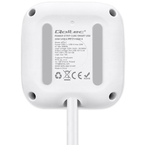 Kostka Zasilająca Qoltec 6w1 USB-C 20W biała z włącznikiem 2m