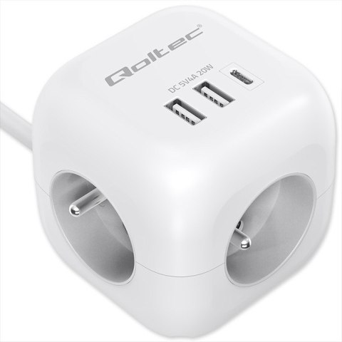 Kostka Zasilająca Qoltec 6w1 USB-C 20W biała z włącznikiem 2m
