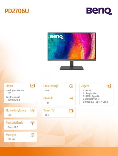 Benq Monitor 27 cali PD2706U LED 4K z IPS i USB-C dla projektantów
