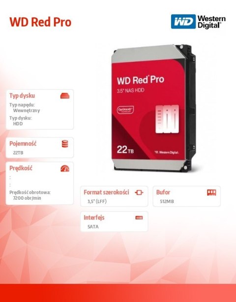 Dysk HDD Western Digital Red Pro 22TB 3,5 7200rpm SATA III niezawodny do NAS