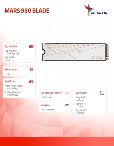 Dysk SSD Adata XPG MARS 980 BLADE 4TB PCIe 5x4 14000 MB/s M2