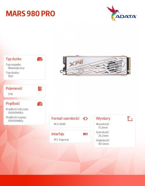 Dysk SSD Adata XPG MARS 980 PRO 1TB PCIe 5x4 14000 MB/s M2