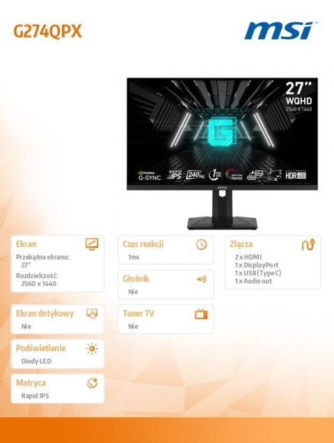 MSI Monitor G274QPX 27 LED QHD 240Hz czarny profesjonalny gamingowy