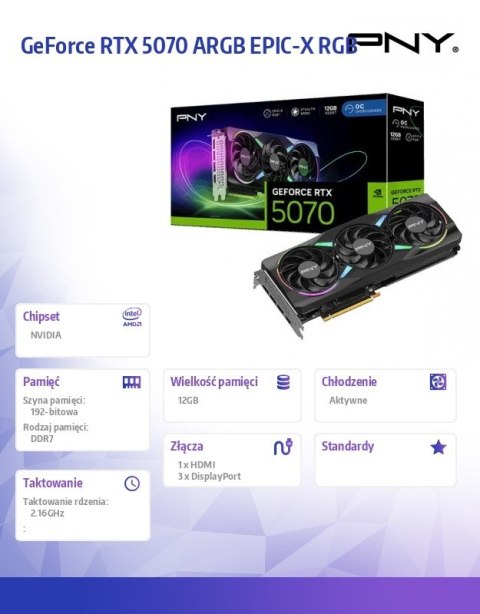 Karta graficzna PNY GeForce RTX 5070 OC ARGB 12GB 192-bit aktywne chłodzenie
