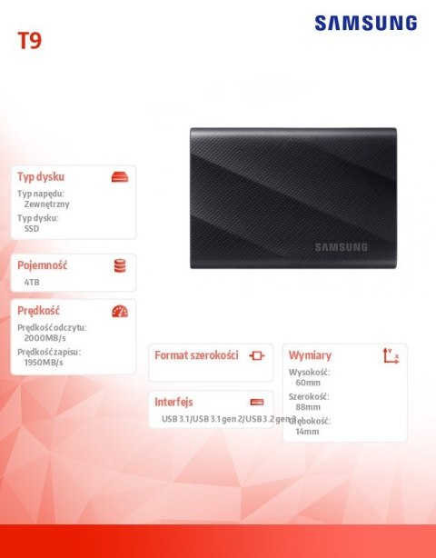 Dysk zewnętrzny SSD Samsung T9 4TB USB 3.2 Gen 2 czarny szybki