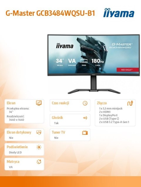 Monitor IIYAMA G-Master 34 GCB3484WQSU-B1 zakrzywiony 180Hz VA HDR400