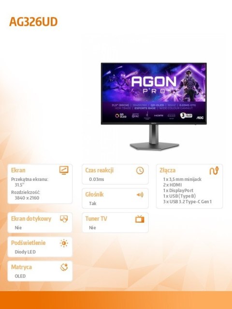 AOC Monitor AG326UD 31.5 4K QD-OLED 165Hz Pivot z głośnikami