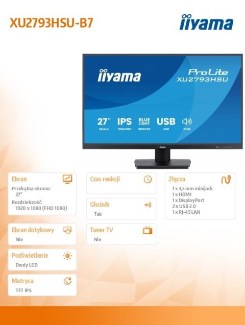 Monitor IIYAMA ProLite XU2793HSU-B7 27 IPS 100Hz FlickerFree z hubem USB