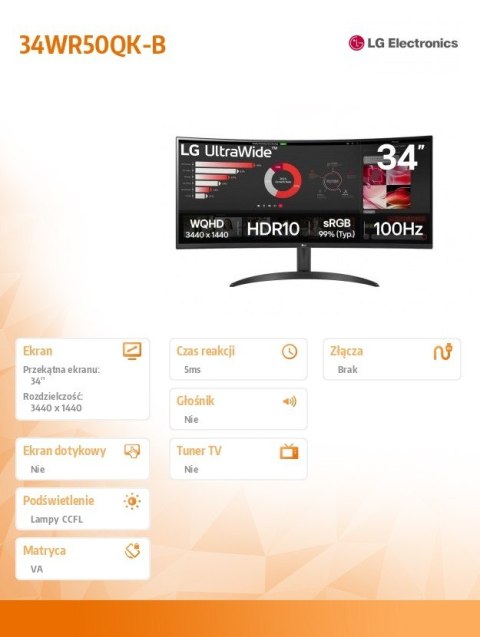 Monitor LG 34WR50QK-B 34 cale UltraWide QHD zakrzywiony z HDR