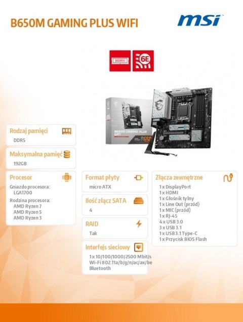 MSI Płyta główna B650M GAMING PLUS WIFI AM5 mATX z DDR5 i HDMI