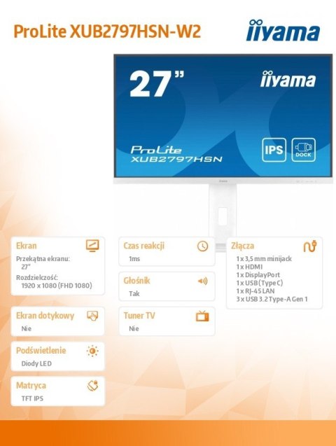 Monitor IIYAMA ProLite XUB2797HSN-W2 27 FHD IPS z USB-C Dock