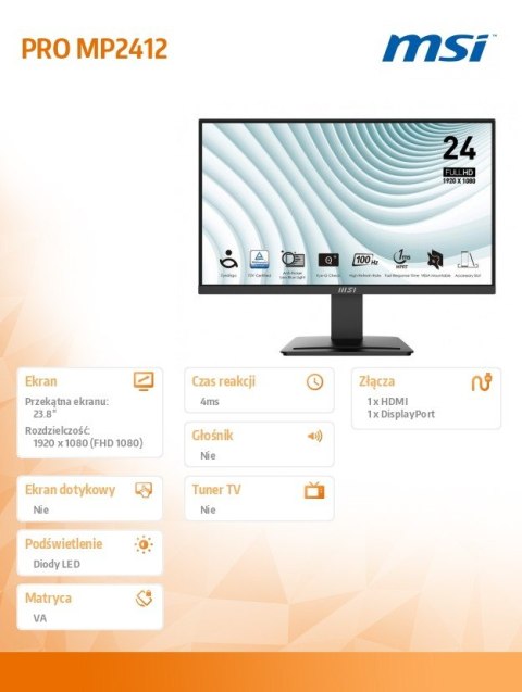 MSI Monitor PRO MP2412 23.8 FHD LED 100Hz ergonomiczny czarny