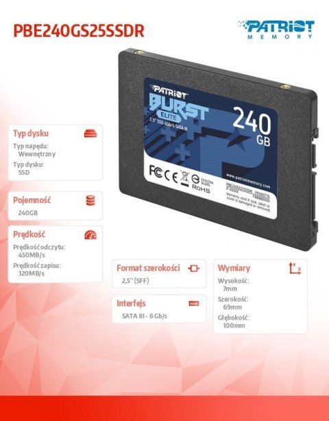 Dysk SSD Patriot Burst Elite 240GB 2.5 SATA III 450MB/s szybki