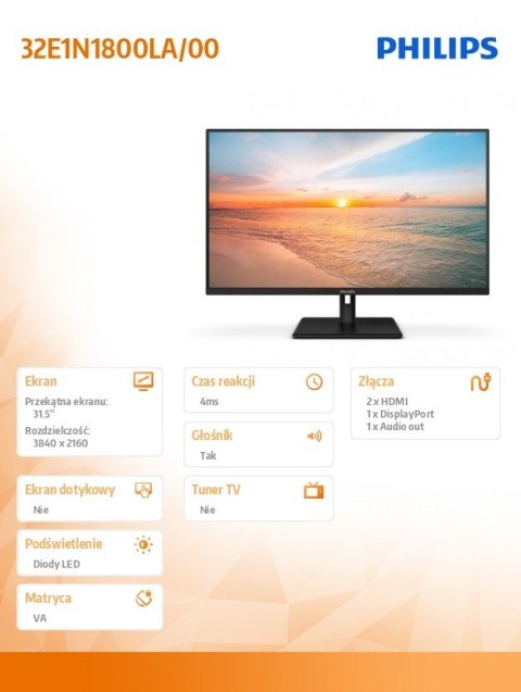 Monitor Philips 32E1N1800LA VA 31.5 UltraClear 4K z HDMI i głośnikami