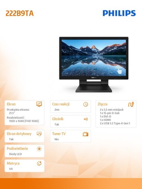 Monitor Philips 222B9TA 21.5 FHD dotykowy VA z przegubem