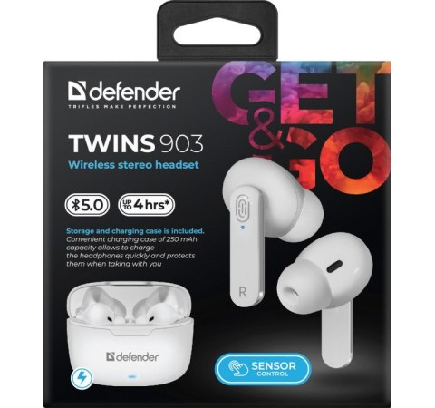 Słuchawki douszne bezprzewodowe Defender Twins 903 białe Bluetooth stereo