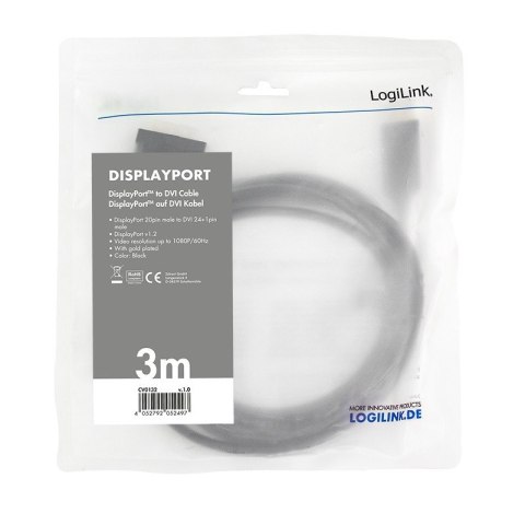LogiLink Kabel DisplayPort 1.2 do DVI 3m czarny wideo