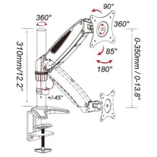 Techly Ramię biurkowe z amortyzatorem gazowym 15-27cali 8kg srebrno-czarne