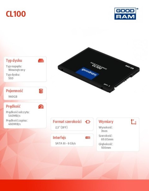 GOODRAM Dysk SSD CL100 960GB SATA III 2,5 szybki wydajny