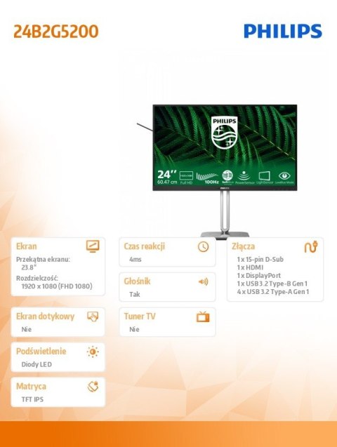 Philips Monitor 24B2G5200 23.8 FHD IPS 100Hz z Głośnikami