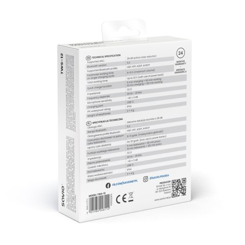 Savio Słuchawki bezprzewodowe Bluetooth 5.3 TWS-12 z ANC i mikrofonem