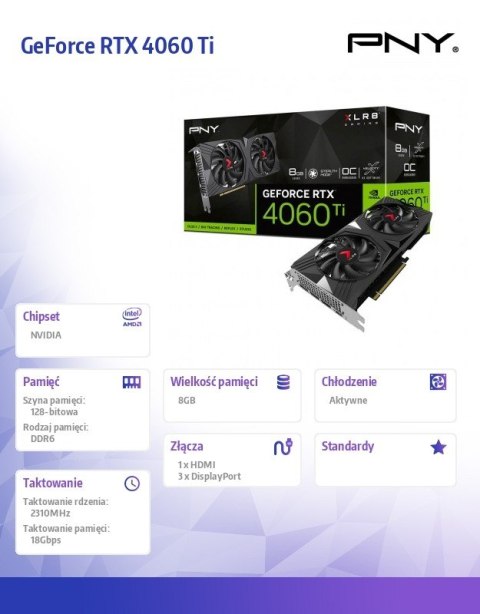PNY Karta graficzna GeForce RTX 4060 Ti 8GB VERTO OC wydajna z DLSS 3