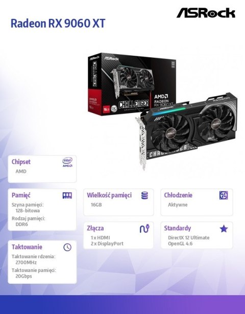 Karta graficzna ASRock Radeon RX 9060 XT 16GB GDDR6 128bit wydajna
