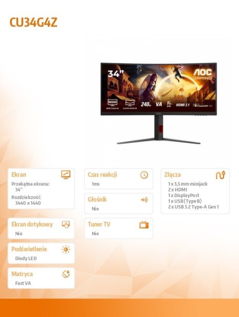 Monitor AOC CU34G4Z 34 cale 240Hz zakrzywiony gamingowy VA