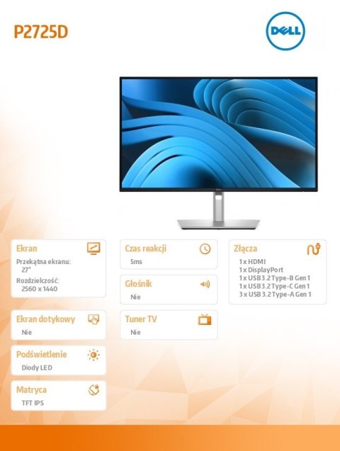 Monitor Dell P2725D 27 QHD IPS LED 100Hz z USB-C komfortowy